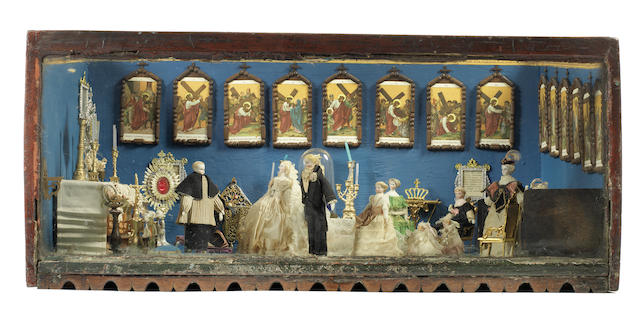 Appraisal: A Catholic wedding scene in glass display case circa The