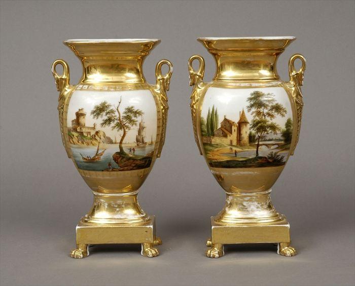 Appraisal: Pair of Paris Porcelain Gilt and Polychrome Decorated Vases x