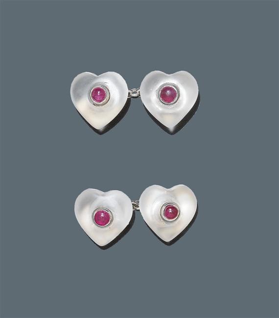 Appraisal: RUBY AND ROCK CRYSTAL CUFF LINKS ca White gold Decorative