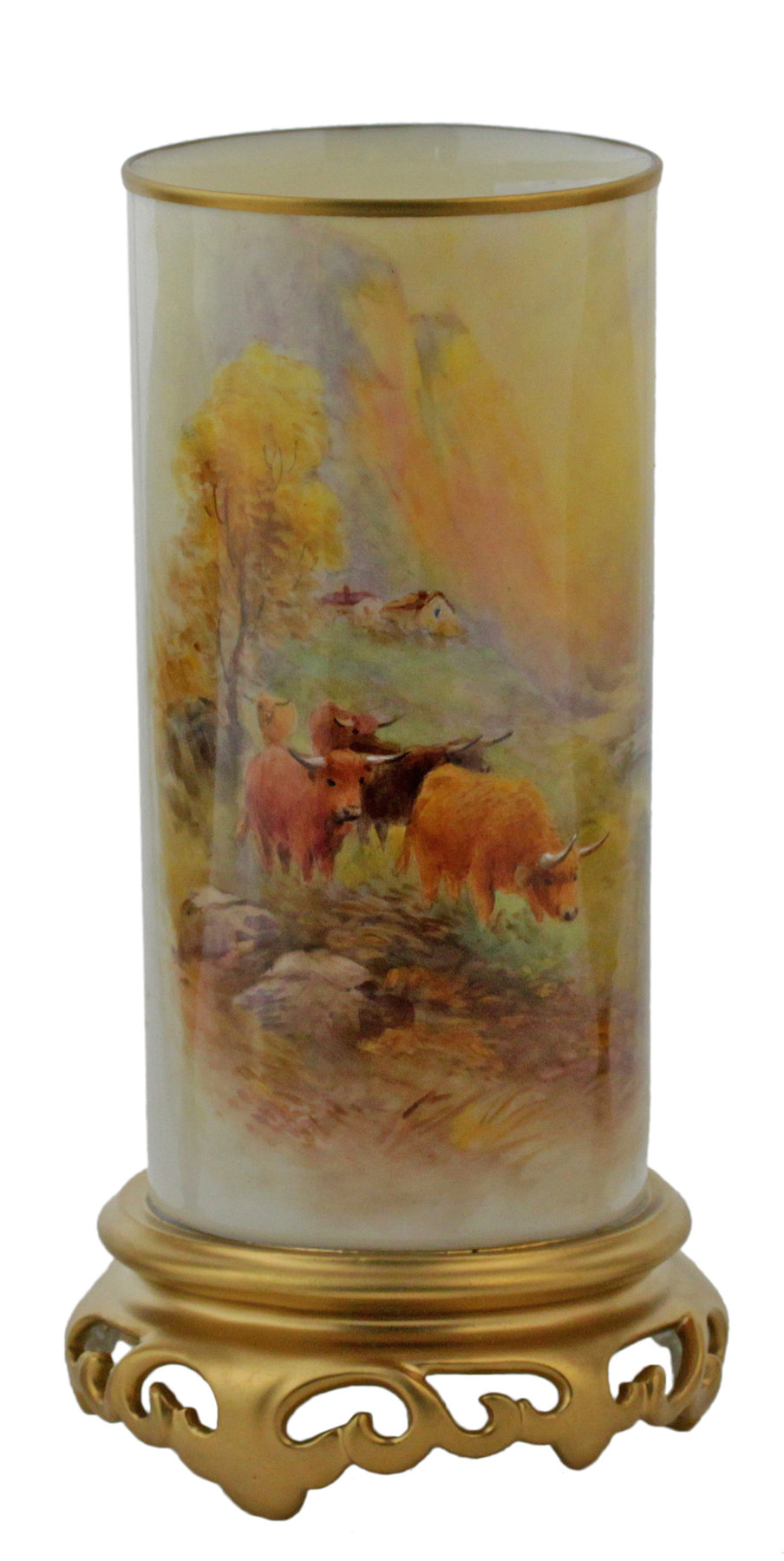 Appraisal: A Royal Worcester cylindrical vase painted highland cattle in a