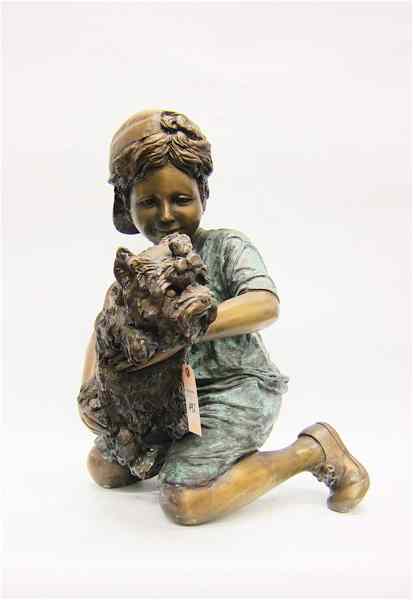 Appraisal: FIGURAL BRONZE SCULPTURE kneeling boy with dog verde and golden