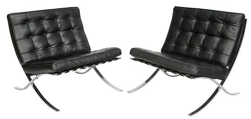 Appraisal: Pair Black Leather Upholstered Barcelona Chairs Italian late th century