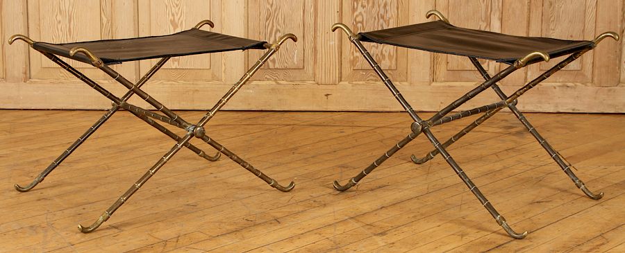 Appraisal: PAIR BRONZE LEATHER FOLDING STOOLS BY JANSEN An unusual pair