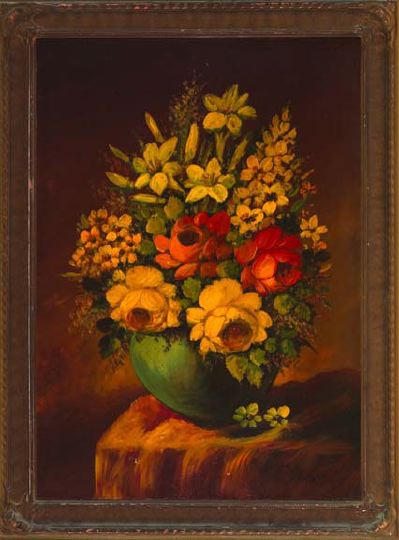 Appraisal: American School Early th Century Floral Still Life in Blue