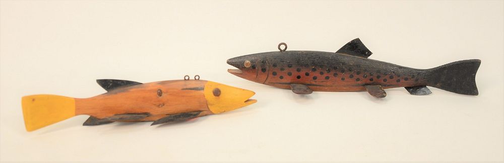 Appraisal: Two Large Fish Decoys handpainted carved wood with metal fins