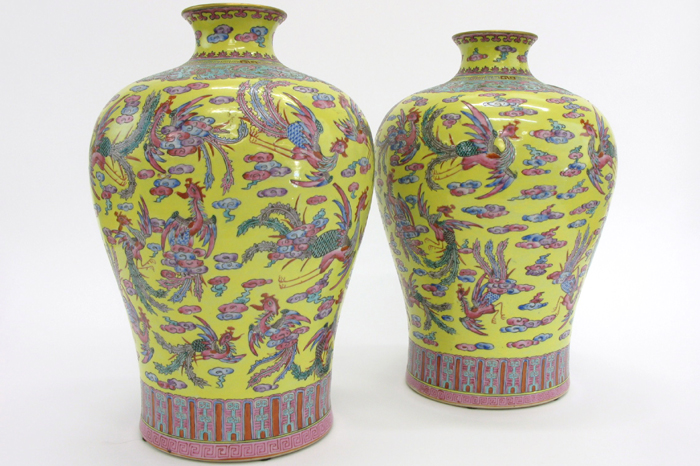 Appraisal: PAIR FAMILE JAUNE PORCELAIN VASES the Mei ping shape hand