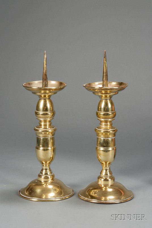 Appraisal: Pair of Brass Pricket Candlesticks Northern Europe th century turned