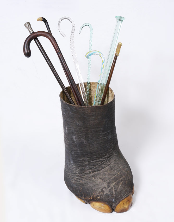 Appraisal: TAXIDERMY ELEPHANT FOOT UMBRELLA STAND WITH CANES To include Victorian