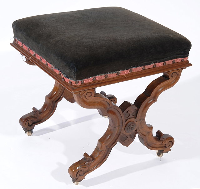 Appraisal: A VICTORIAN WALNUT 'X' FRAMED STOOL with grey upholstered top