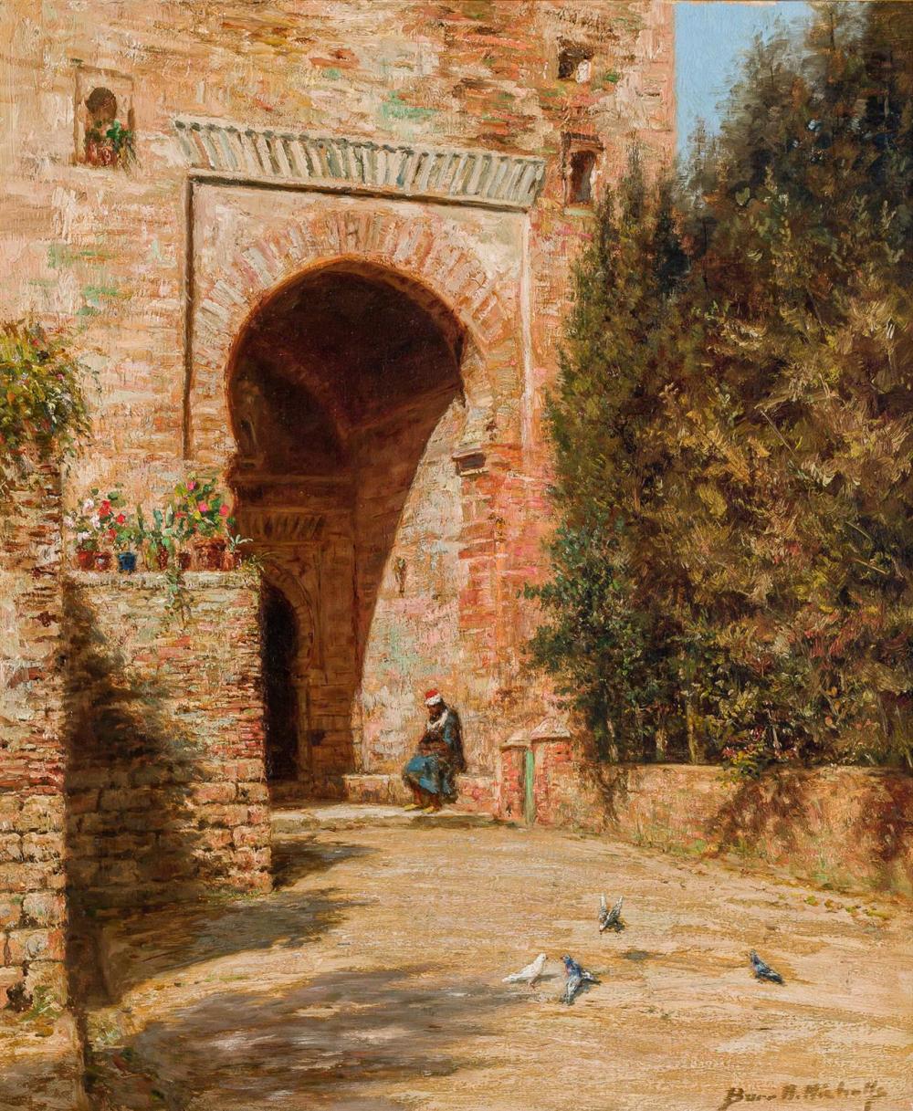 Appraisal: BURR NICHOLS American - Gate of Justice oil on canvas