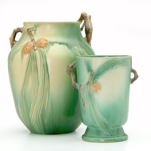 Appraisal: ROSEVILLE Two green Pine Cone vases - and - One