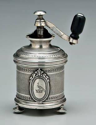 Appraisal: French silver pepper mill round with beaded borders central medallion