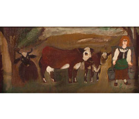 Appraisal: Folk art cows and maid oil on board naive style