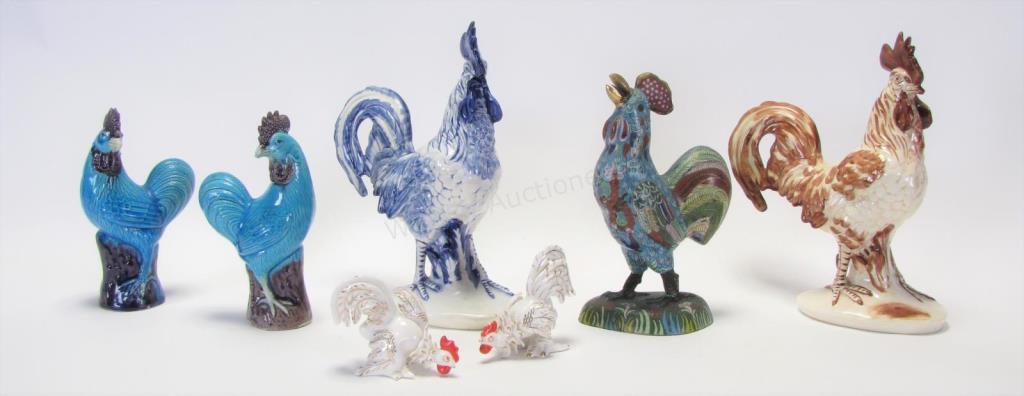 Appraisal: Group of Decorative Roosters seven total including two Pennsbury pottery