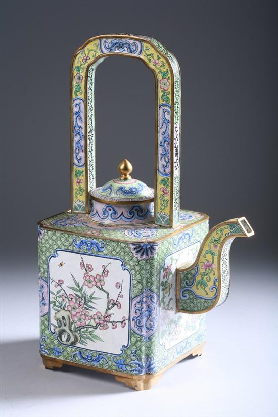 Appraisal: CHINESE ENAMEL TEA POT Guangxu period Floral decoration upright handle