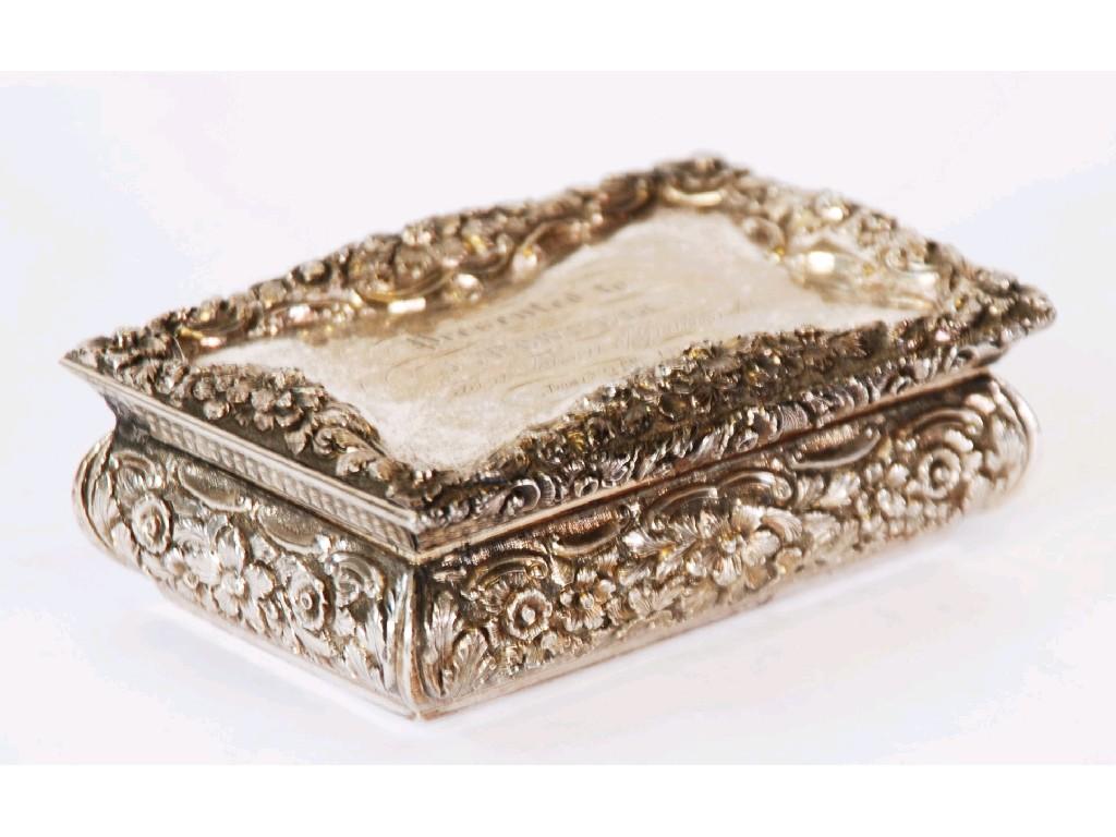 Appraisal: MID TH CENTURY PRESENTATION SNUFF BOX with foliate embossed cushion