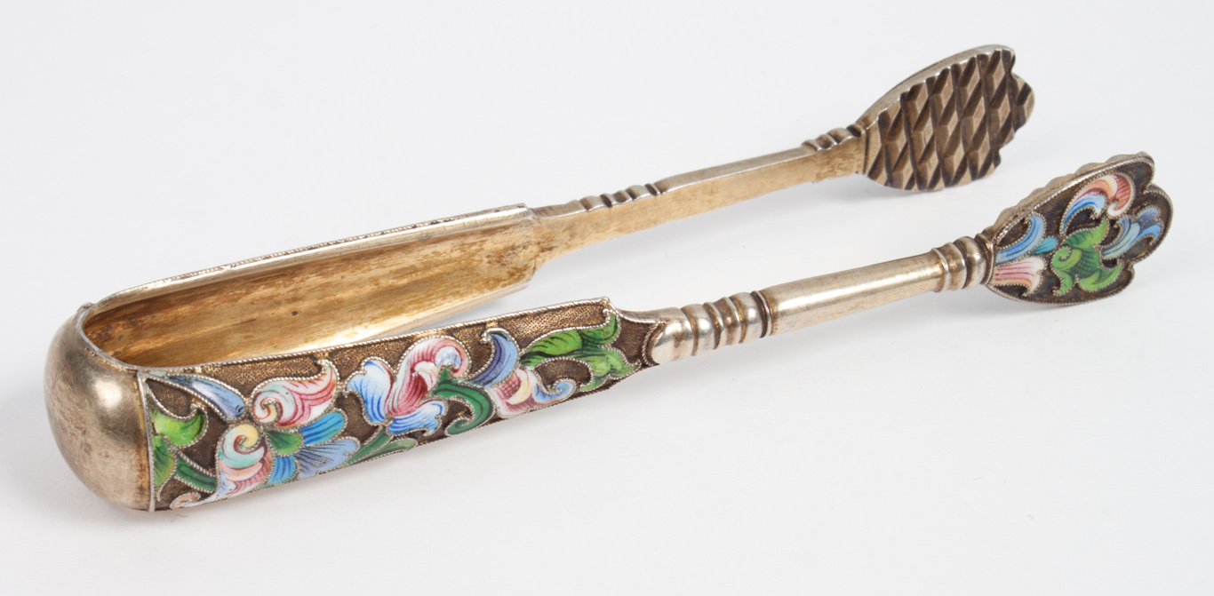 Appraisal: Russian cloisonne enamel gilt silver sugar tongs with kokoshnik hallmarks