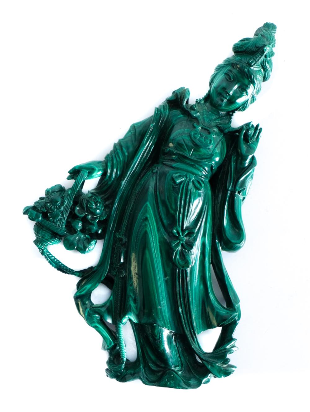 Appraisal: CHINESE CARVED MALACHITE SCULPTURE OF GUAN YINChinese carved Malachite sculpture