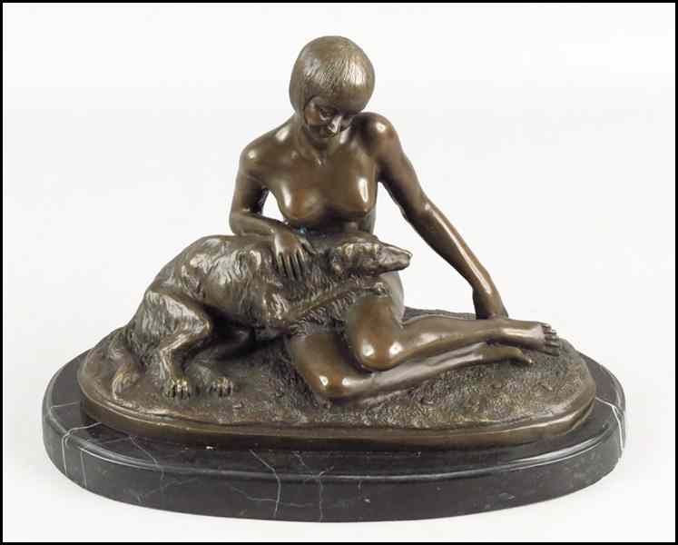 Appraisal: PATINATED BRONZE FIGURE OF A LADY WITH A DOG Unsigned