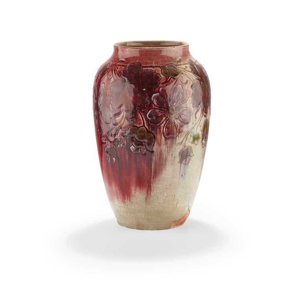 Appraisal: AUGUSTE DELAHERCHE - VASE CIRCA glazed stoneware incised flower and