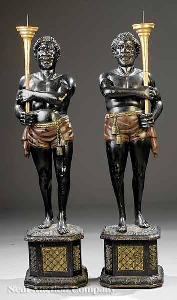 Appraisal: A Pair of Continental Polychrome and Giltwood Blackamoor Torch res