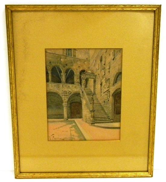 Appraisal: Watercolor showing view of outdoor chateau courtyard and staircase arcade