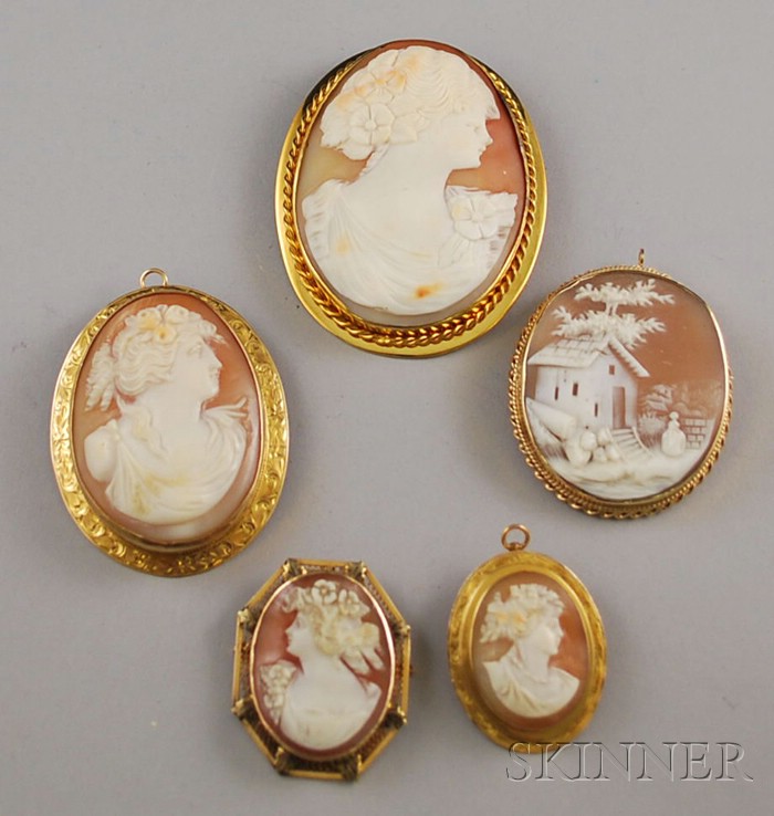 Appraisal: Five Shell-carved Cameo Brooches one landscape scene and four portraits