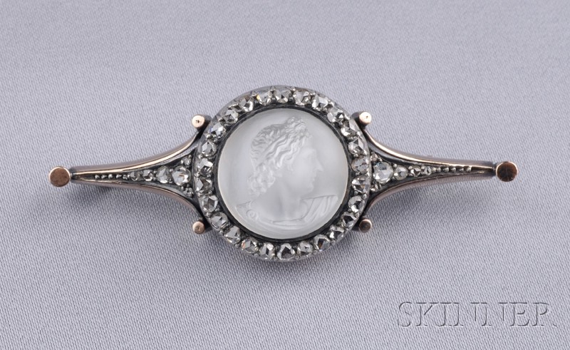 Appraisal: Antique Moonstone and Diamond Cameo Brooch carved to depict a