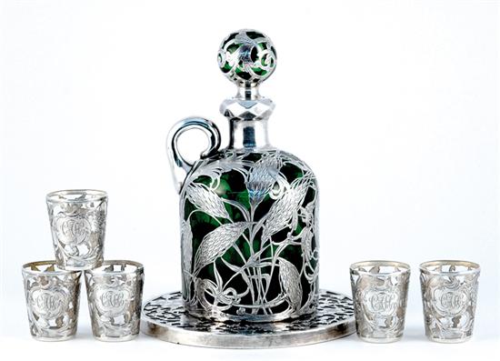 Appraisal: Silver overlay trivet decanter and cordials Tiffany Co Cherry Blossom