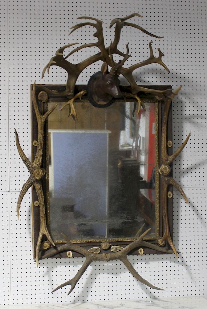 Appraisal: TH Century Continental Antler Decorated Mirror With faux mounted deer