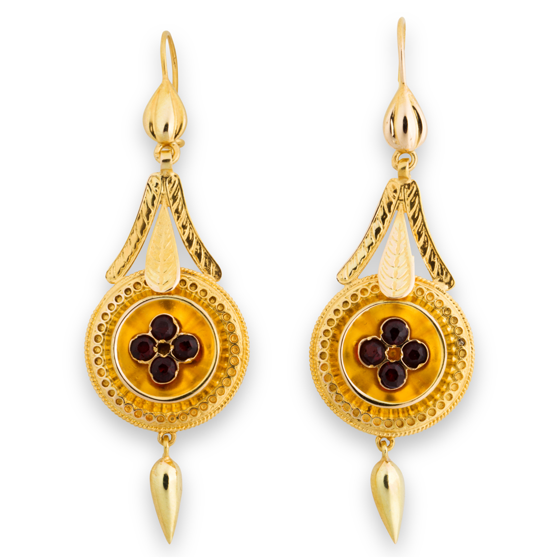 Appraisal: A PAIR OF GARNET AND FOURTEEN KARAT GOLD PENDANT EARRINGS