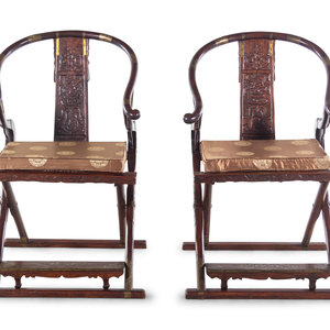 Appraisal: A Pair of Chinese Hardwood Horseshoe-Back Folding Chairs Jiaoyi TH