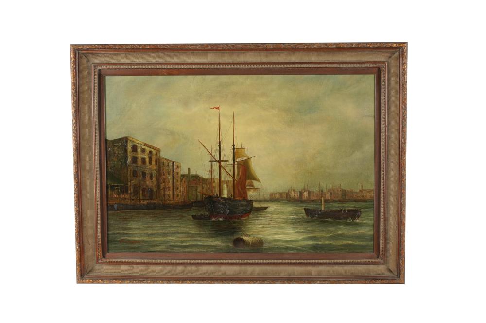 Appraisal: ST CENTURY HARBOR SCENEoil on canvas signed F Singer lower