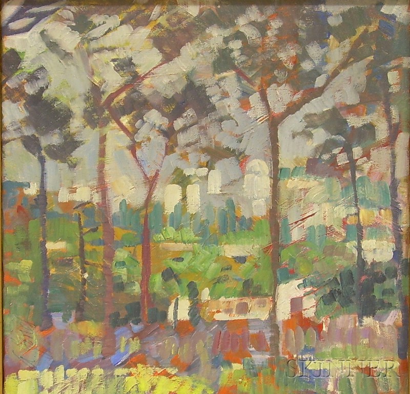 Appraisal: Framed Oil on Canvas Landscape with Houses Through the Trees