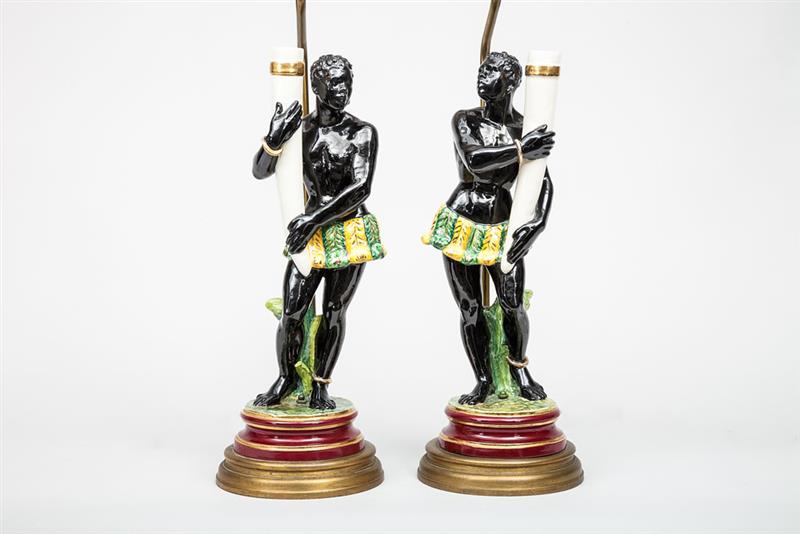 Appraisal: Pair of Italian Majolica Blackamoor Lamps and in Property from