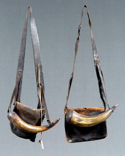 Appraisal: Two horns with possibles bags horns with wooden caps and