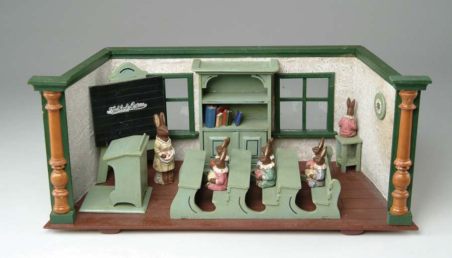 Appraisal: RABBIT SCHOOLHOUSE DIORAMA Germany Schoolroom scene includes podium bench desk