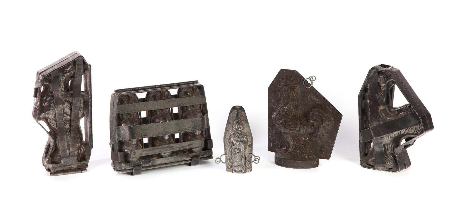 Appraisal: FIVE PEWTER CHOCOLATE MOLDS European th and th century Rabbit