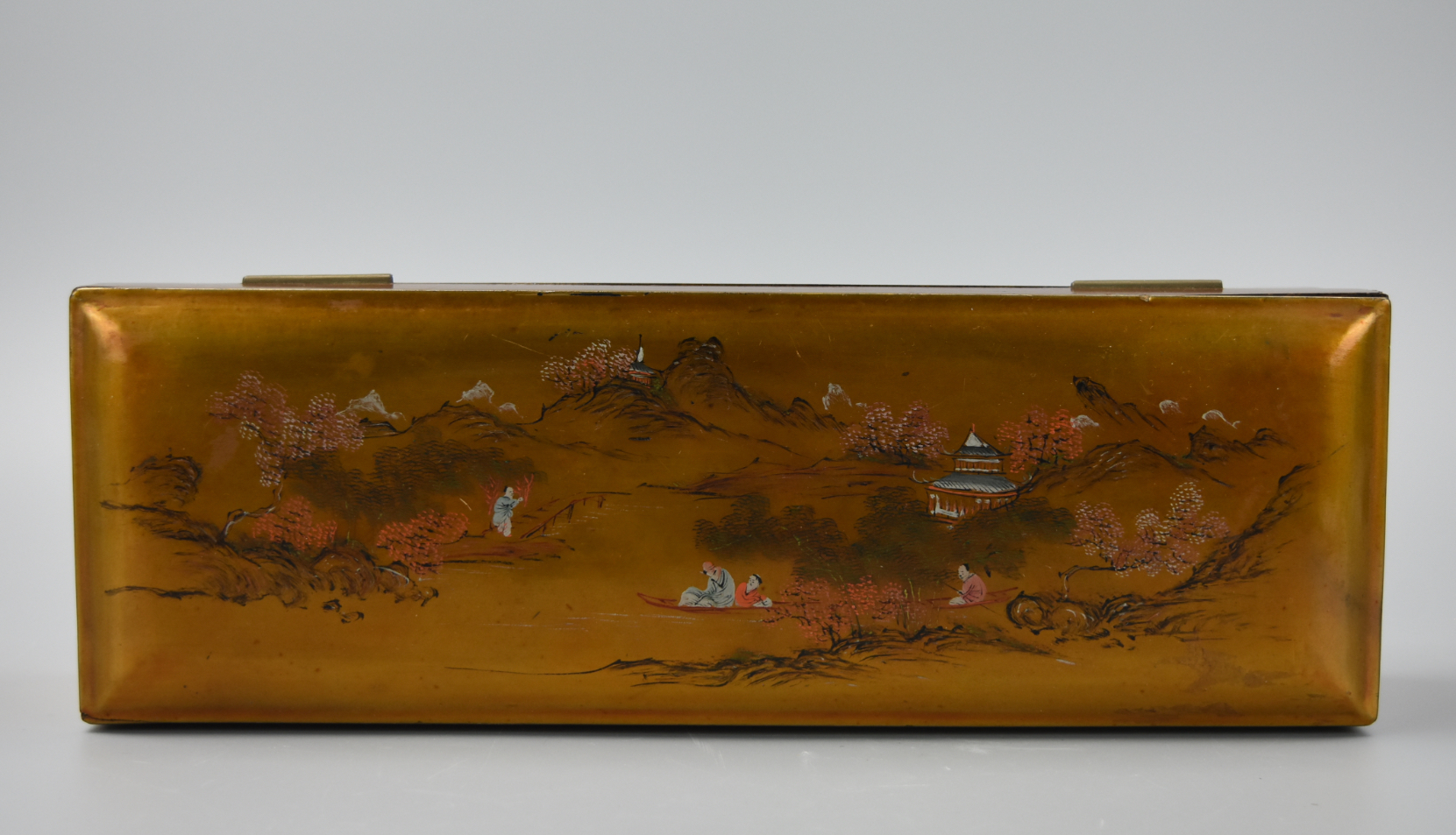 Appraisal: CHINESE LACQUERWARE BOX W LANDSCAPE TH C a long rectangular