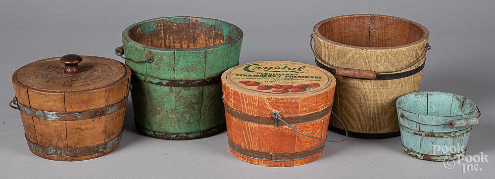 Appraisal: Five painted buckets and advertising pails Five painted buckets and