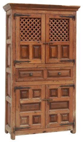 Appraisal: Rustic Spanish pine cabinet cupboard th c molded cornice upper