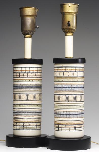 Appraisal: SASCHA BRASTOFF Pair of ceramic table lamps on ebonized wood