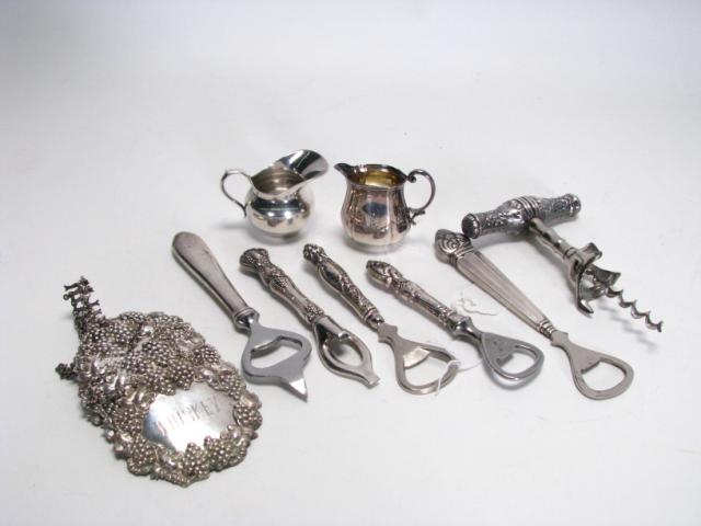 Appraisal: Sterling and silver plate bar accessories including wine opener five