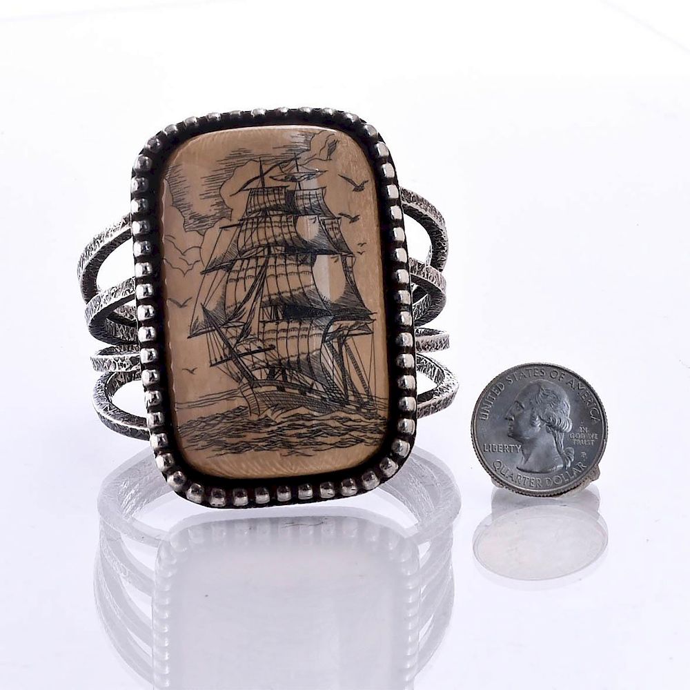 Appraisal: NATIVE AMERICAN SCRIMSHAW SAILBOAT SILVER CUFF BRACELET Nautical scene Total