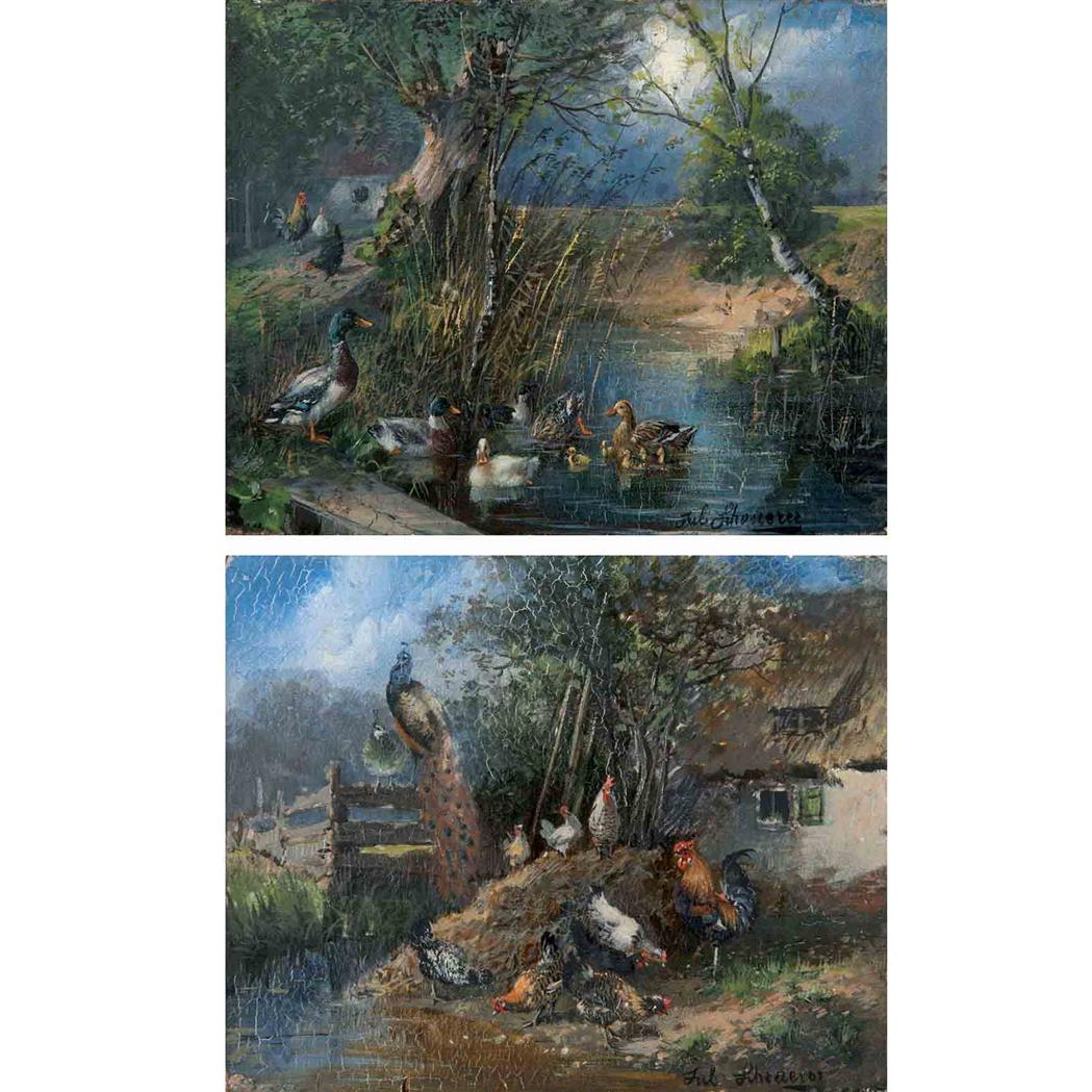 Appraisal: Julius Scheuerer German - Ducks and Chickens in a Landscape