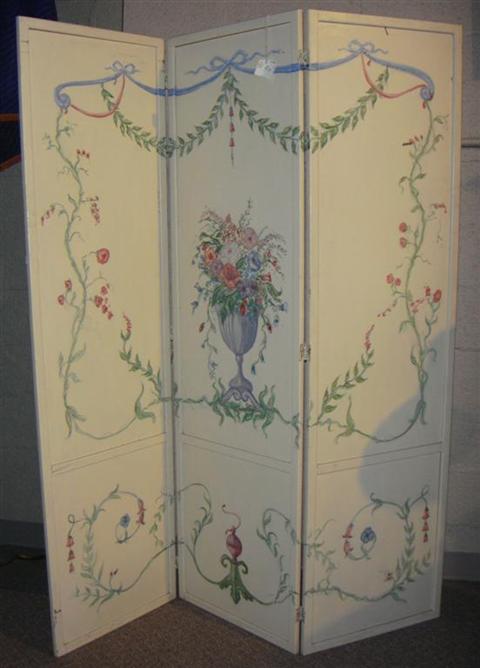 Appraisal: HAND PAINTED THREE PANEL FOLDING FLOOR SCREEN DEPICTING FLOWERS h