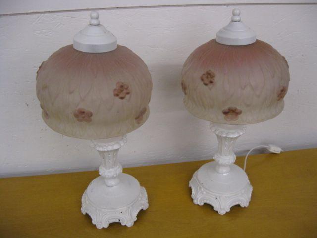 Appraisal: Pair of Boudior Lamps reverse painted floral shades white metal