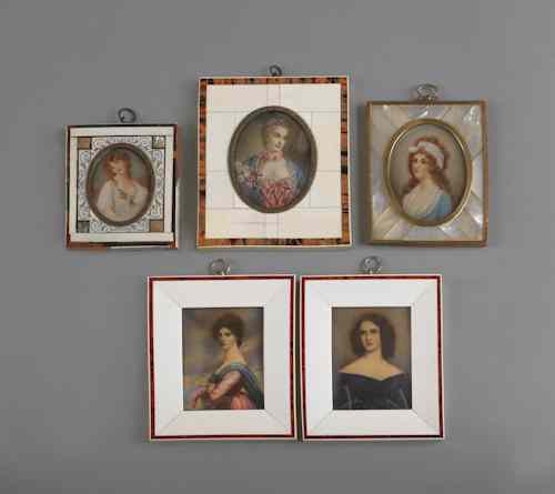 Appraisal: Five French miniature portraits on ivory with shell frames