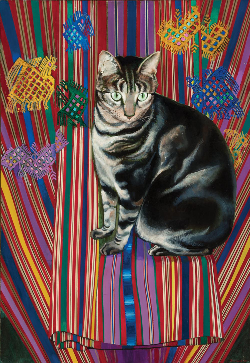 Appraisal: Pat Trivigno American Louisiana - Tabby Cat on Textiles oil