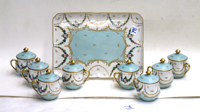 Appraisal: SET OF LIMOGES PORCELAIN POT DE CREMES AND TRAY nine